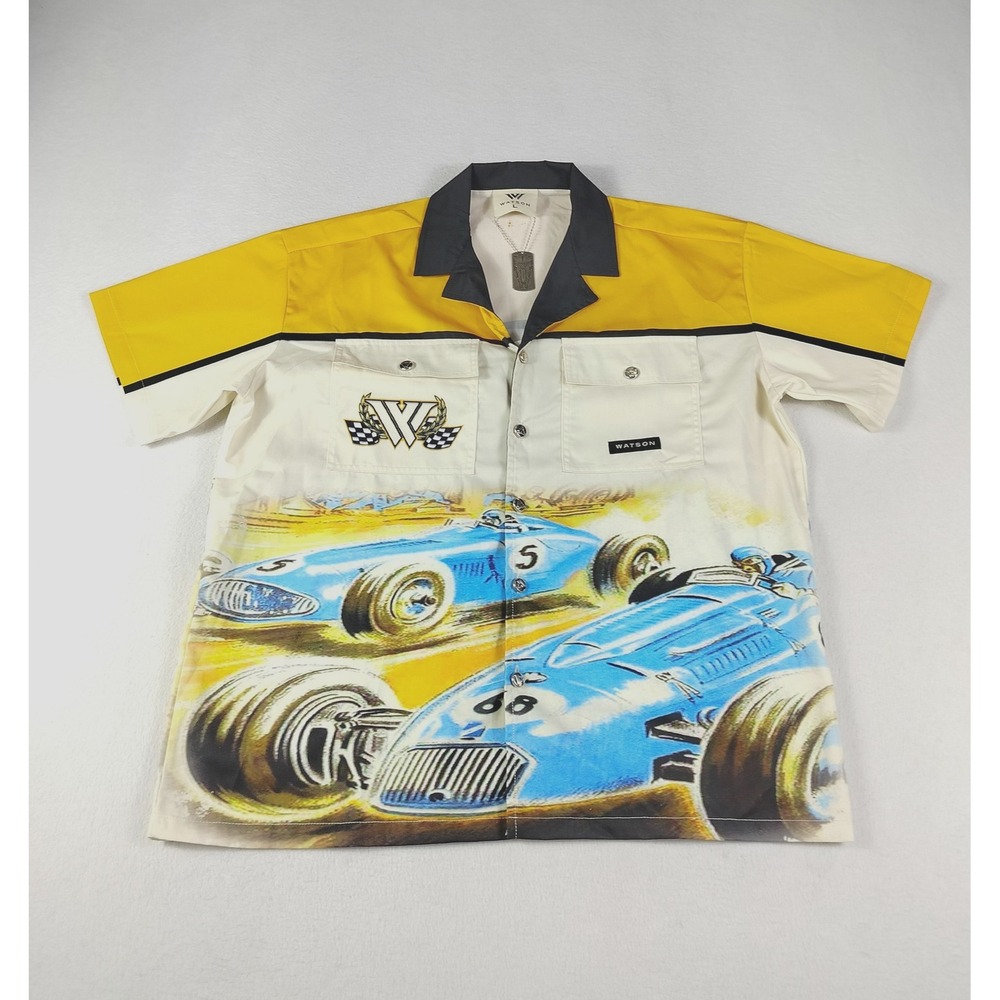Watson Shirt Men's Large Yellow White Grand Prix‎ Hawaiian Graphic Color Block